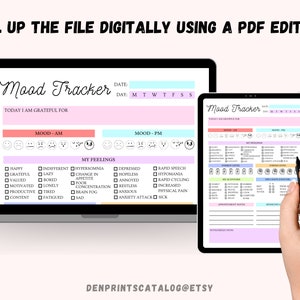 May include: A digital mood tracker with a pink and blue color scheme. The tracker includes sections for daily mood, feelings, and activities. The text "Mood Tracker" is at the top of the page.