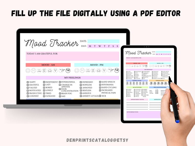 May include: A digital mood tracker with a pink and blue color scheme. The tracker includes sections for daily mood, feelings, and activities. The text "Mood Tracker" is at the top of the page.