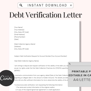 Plantilla de carta de verificación de deuda editable, plantilla para editar en Canva, carta de validación de deuda, carta de deuda en formato PDF