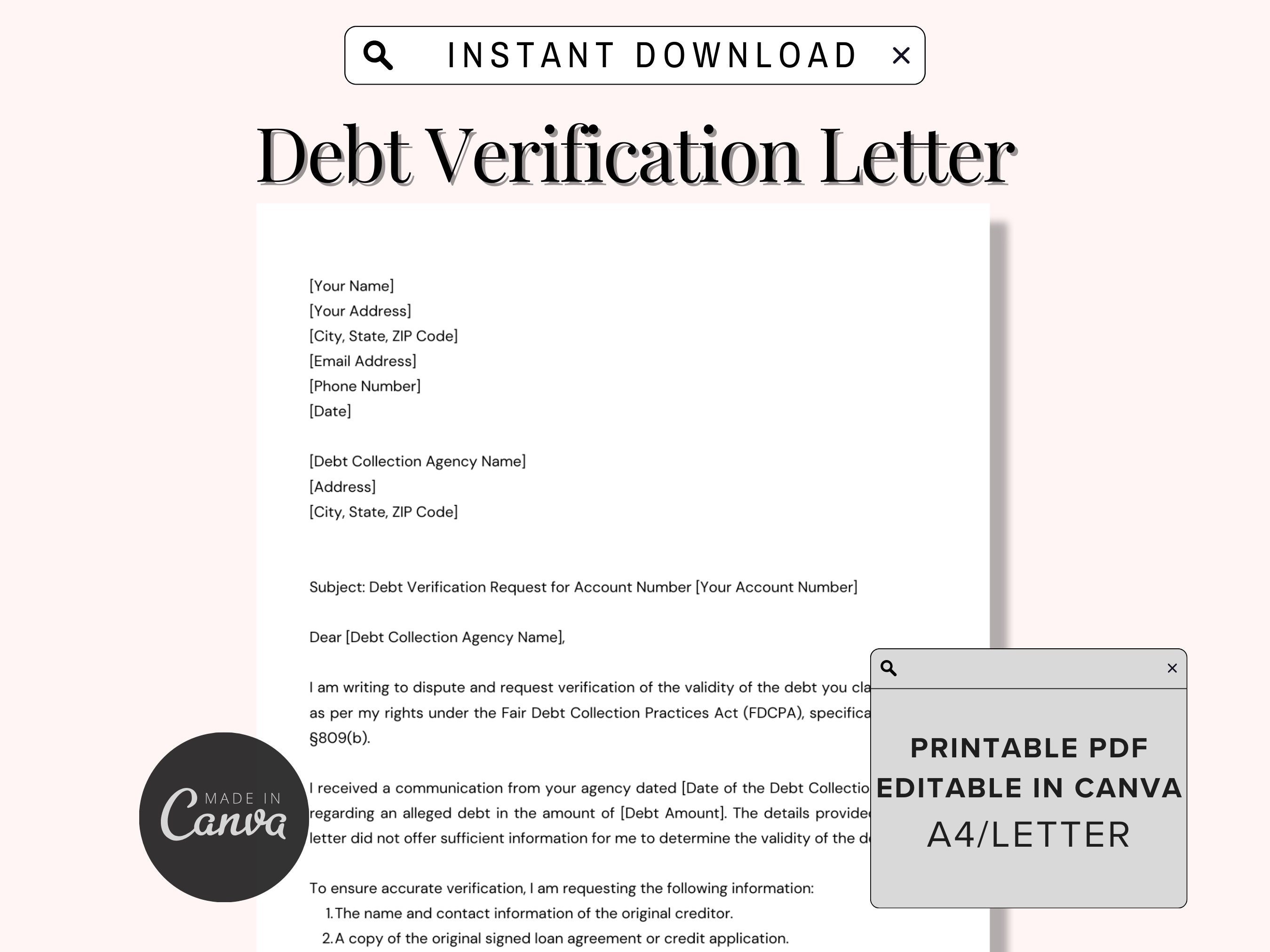 Editable Debt Verification Letter Template, Edit in Canva Template Editable Debt Verification Letter Template, Edit in Canva Template