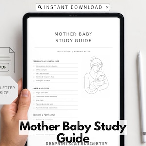May include: A digital Mother Baby Study Guide in PDF format displayed on a tablet screen. The document features the text 2026 EDITION | NURSING NOTES, sections for Pregnancy & Prenatal Care, Labor & Delivery, and Newborn & Postpartum, and a line art illustration of a person holding a baby.