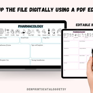 May include: A digital printable pharmacology study guide with a pink and white background. The guide is divided into sections for different body systems, including nervous, ENT, cardiac, respiratory, GI, musculoskeletal, integumentary, endocrine, psych, and OB/GYN. Each section has space for the generic name, brand name, mechanism of action, signs and symptoms, therapeutic uses, and nursing considerations.