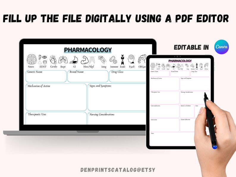 May include: A digital printable pharmacology study guide with a pink and white background. The guide is divided into sections for different body systems, including nervous, ENT, cardiac, respiratory, GI, musculoskeletal, integumentary, endocrine, psych, and OB/GYN. Each section has space for the generic name, brand name, mechanism of action, signs and symptoms, therapeutic uses, and nursing considerations.