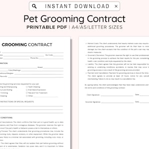 Pet Grooming Contract Printable, Pet Client Grooming Agreement, Dog Cat Salon Contract, Dog Cat Grooming, Editable Form, Canva Template, PDF