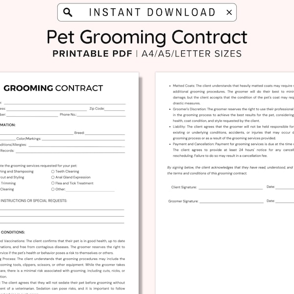 Pet Grooming Contract Printable, Pet Client Grooming Agreement, Dog Cat Salon Contract, Dog Cat Grooming, Editable Form, Canva Template, PDF