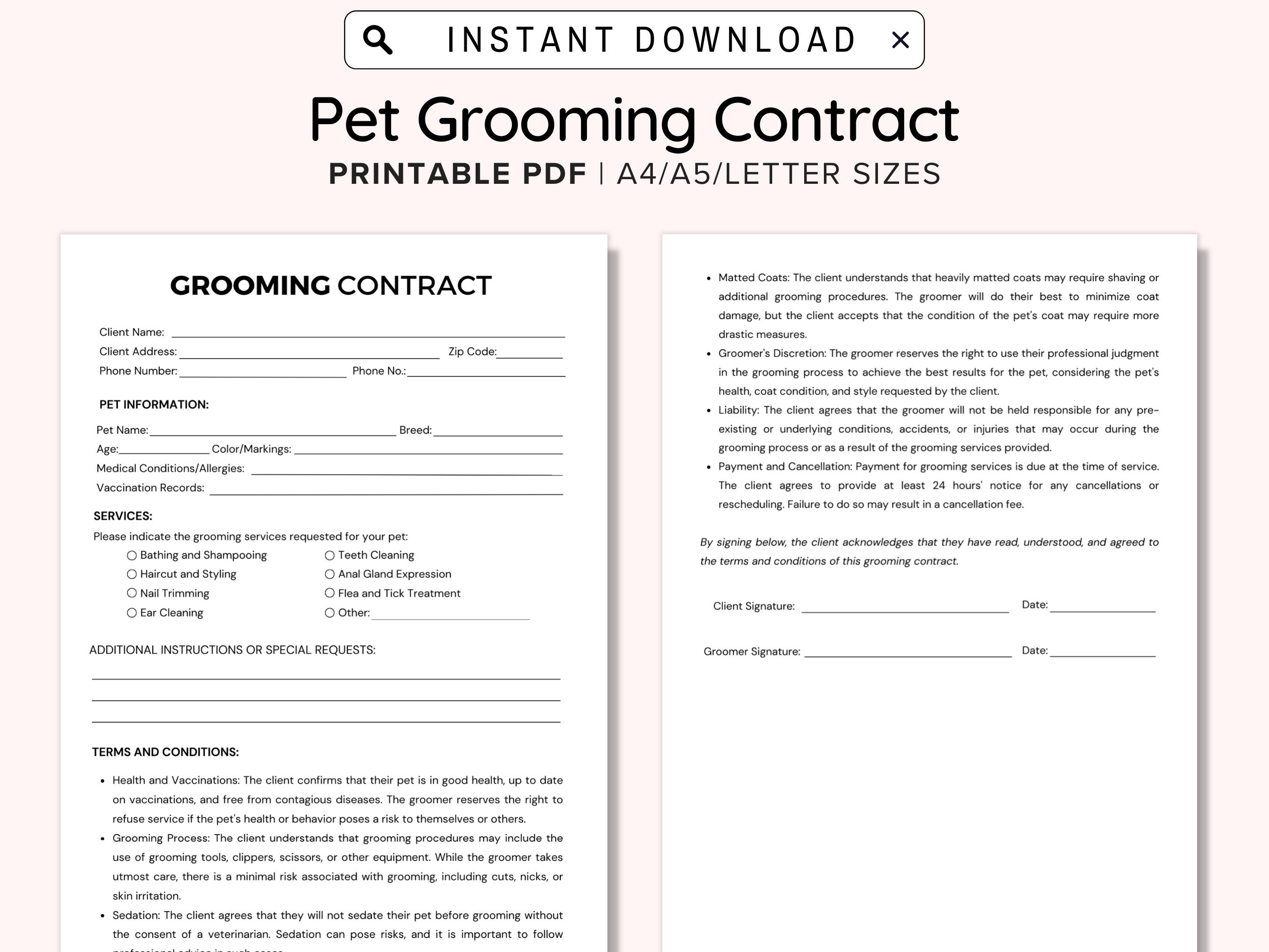 pet grooming contract printable, pet client grooming agreement