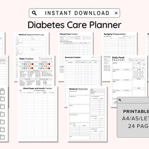 Diabetic Care Planner Printable, Diabetes Treatment Organizer, Medical Log,Blood Sugar Log, Insulin Log for Type 1 or 2 Diabetes,Digital PDF