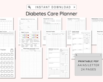 Diabetic Care Planner Printable, Diabetes Treatment Organizer, Medical Log,Blood Sugar Log, Insulin Log for Type 1 or 2 Diabetes,Digital PDF