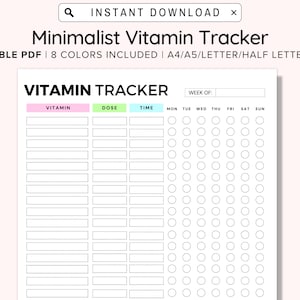 Lista de control diaria de vitaminas, registro de vitaminas, lista de control semanal de suplementos, registro de medicamentos, dosis, hora del día, imprimible de salud, A4/A5/carta, PDF