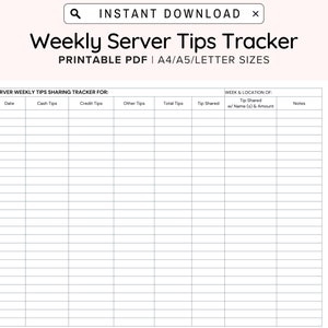 Server Tips Tracker Sheet Printable, For Tip Sharing Weekly Breakdown PDF Digital Download A4/A5/Letter