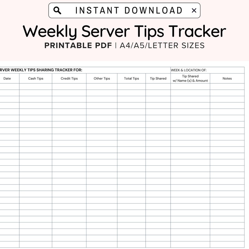 Tip Log Sheets Printable - Etsy