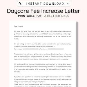 Carta de aumento de mensalidade de creche para impressão, Carta de aumento de mensalidade de creche, Formulário editável para creche, Negócios de creche, Pré-escola, Mensalidade, PDF