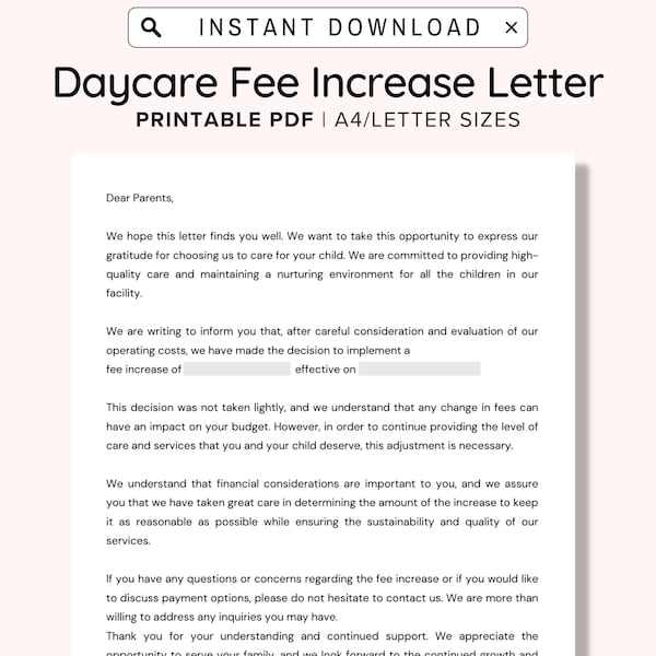 Daycare Fee Increase Letter Printable, Childcare Rate Increase Letter, Editable Daycare Form, Daycare Business, Preschool, Tuition Rate, PDF