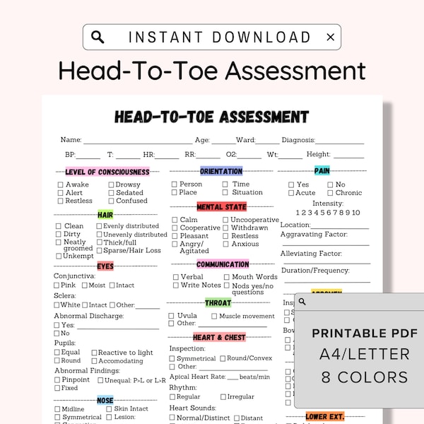 Head-to-Toe Assessment Template with Cranial Nerves Assessment, Step-by-Step Guide, Nursing Student, Nursing School Template, Study Guide