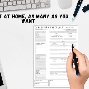 May include: A black and white printable caregiver checklist with sections for personal care, physical therapy, housekeeping, supplies, medications, meals, activities and exercises, bathroom, and notes. The checklist includes space for the caregiver's name and signature, as well as the date and time.