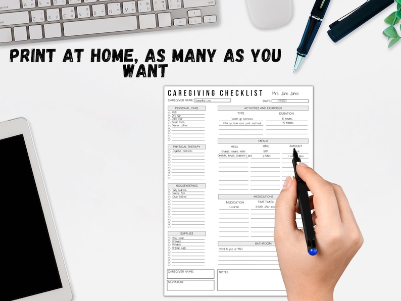 May include: A black and white printable caregiver checklist with sections for personal care, physical therapy, housekeeping, supplies, medications, meals, activities and exercises, bathroom, and notes. The checklist includes space for the caregiver's name and signature, as well as the date and time.