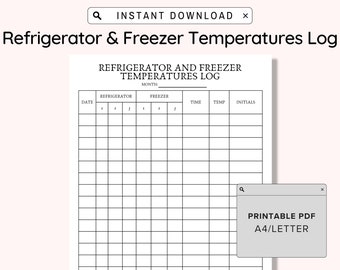 Printable Refrigerator and Freezer Temperatures Log, Print and Write, Temperature Check Sheet, Fridge Temp Template, PDF Digital Download