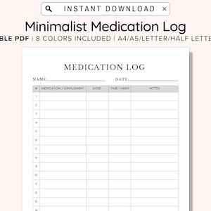 Printable Medication Log, Ready To Print Medication Log Chart, Post-Surgery Medication Chart, Simple Medication Tracker, A4/A5/Letter/Half