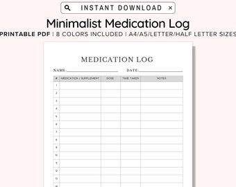 Printable Medication Log, Ready To Print Medication Log Chart, Post-Surgery Medication Chart, Simple Medication Tracker, A4/A5/Letter/Half