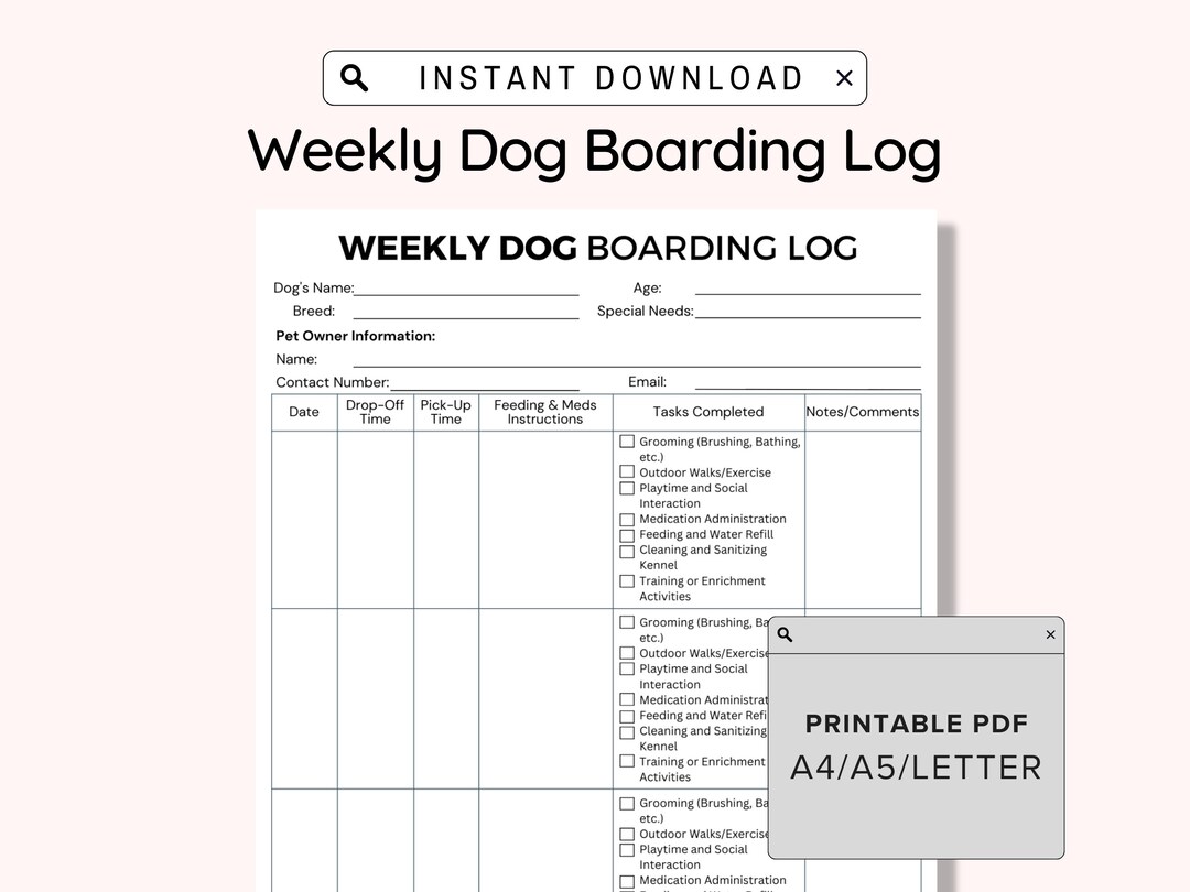 Essential Weekly Dog Boarding Log Printable, for a Kennel or Home