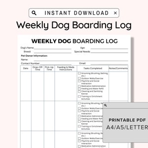 Wöchentliches Hunde Boarding Log zum Ausdrucken, für einen Zwinger oder Home Boarding, monatliche Hunde Boarding, Haustierpflege, Sofort Download PDF