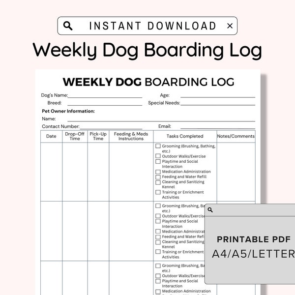 Registro semanal esencial de alojamiento para perros imprimible, para una perrera o alojamiento en casa, alojamiento mensual para perros, formularios de cuidado de mascotas, descarga instantánea en PDF
