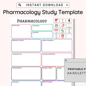 May include: A printable pharmacology study template with a table for recording drug information. The table includes sections for generic name, brand name, drug class, mechanism of action, signs and symptoms, therapeutic uses, nursing considerations, contraindications, route of administration, dosage, interactions, and patient education. The template also includes a grid of icons representing different body systems.