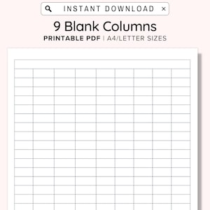 Gráfico de 9 columnas en blanco. Entrada de texto. Imprimir y escribir. Archivo PDF de descarga digital, tamaño A4/Carta de EE. UU.. Plantillas no totalmente editables, descarga instantánea.