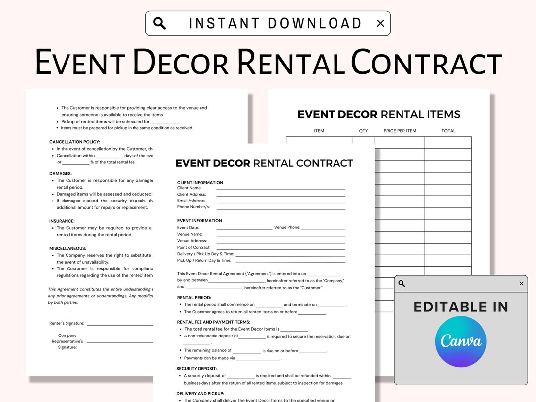 Event Décor Rental Contract, Editable in Canva, Party Equipment Rental