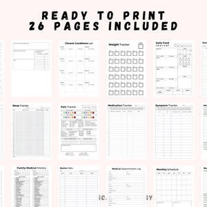 May include: A printable medical journal with 26 pages, including trackers for weight, sleep, pain, medication, symptoms, wound care, daily food, exercise, chronic conditions, family medical history, provider, doctor visits, medical appointments, monthly schedule, and surgery preparation.