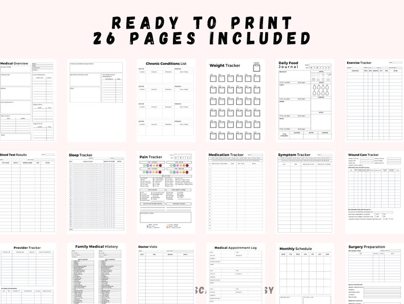 May include: A printable medical journal with 26 pages, including trackers for weight, sleep, pain, medication, symptoms, wound care, daily food, exercise, chronic conditions, family medical history, provider, doctor visits, medical appointments, monthly schedule, and surgery preparation.