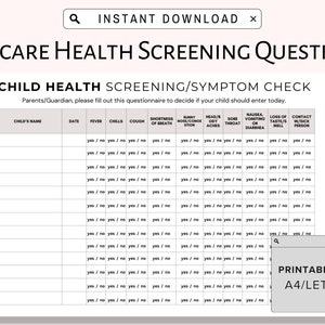 Health Screening Questions Printable, Daycare Symptom Check Sign In Sheets for Child Care Centers, In Home Daycare, Preschools, Instant PDF