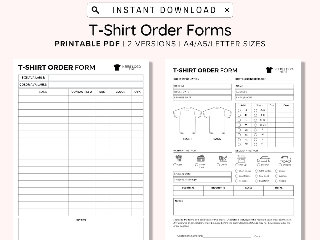 Printable T Shirt Order Form Template, Editable Order Form ...