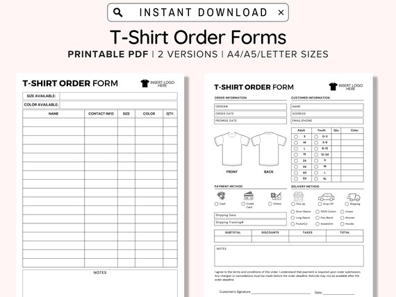 Printable T Shirt Order Form Template, Editable Order Form, Customizable T Shirt Order Form, Small Business, Sales Log, Instant Download PDF