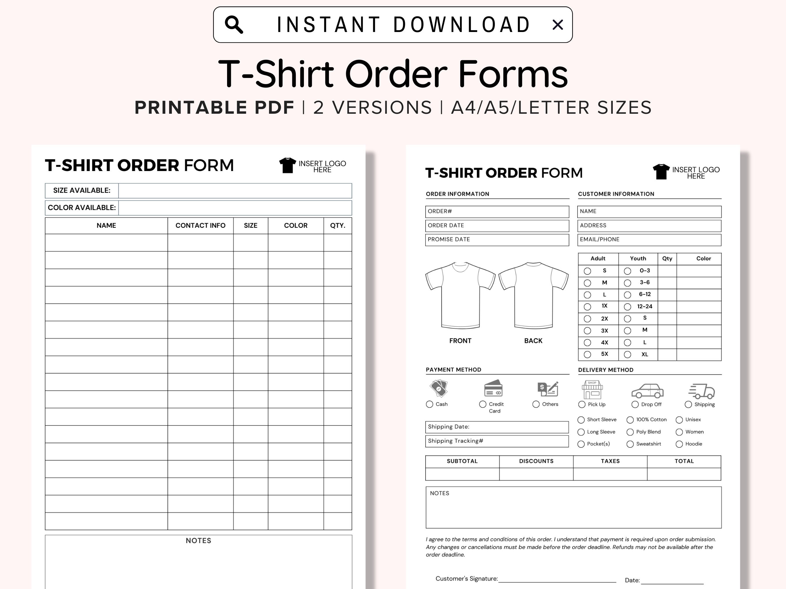 Printable T Shirt Order Form Template, Editable Order Form Printable T Shirt Order Form Template, Editable Order Form