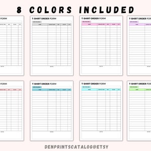Puede incluir: Ocho formularios de pedido de camisetas imprimibles en diferentes colores. Cada formulario tiene secciones para la talla disponible, el nombre, la informaci&oacute;n de contacto, la talla, el color y la cantidad.