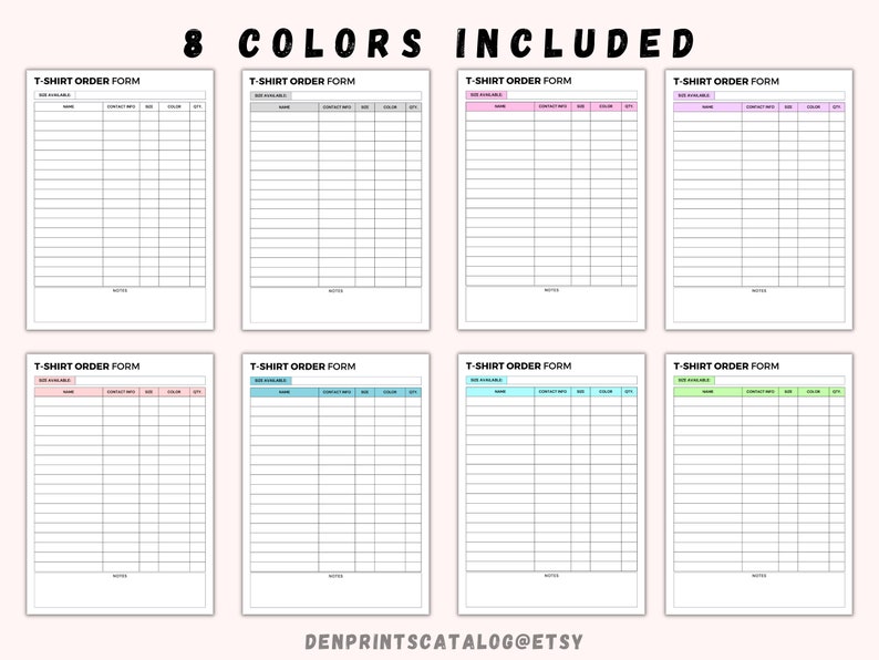 Puede incluir: Ocho formularios de pedido de camisetas imprimibles en diferentes colores. Cada formulario tiene secciones para la talla disponible, el nombre, la informaci&oacute;n de contacto, la talla, el color y la cantidad.