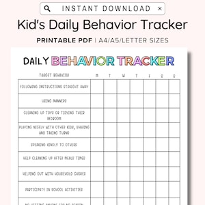 Dagelijkse gedragskaart voor kinderen afdrukbaar, goed gedrag bijhouden, gedragskaart kinderen, thuis, klaslokaal, checklist kindertaken, A4/A5, pdf