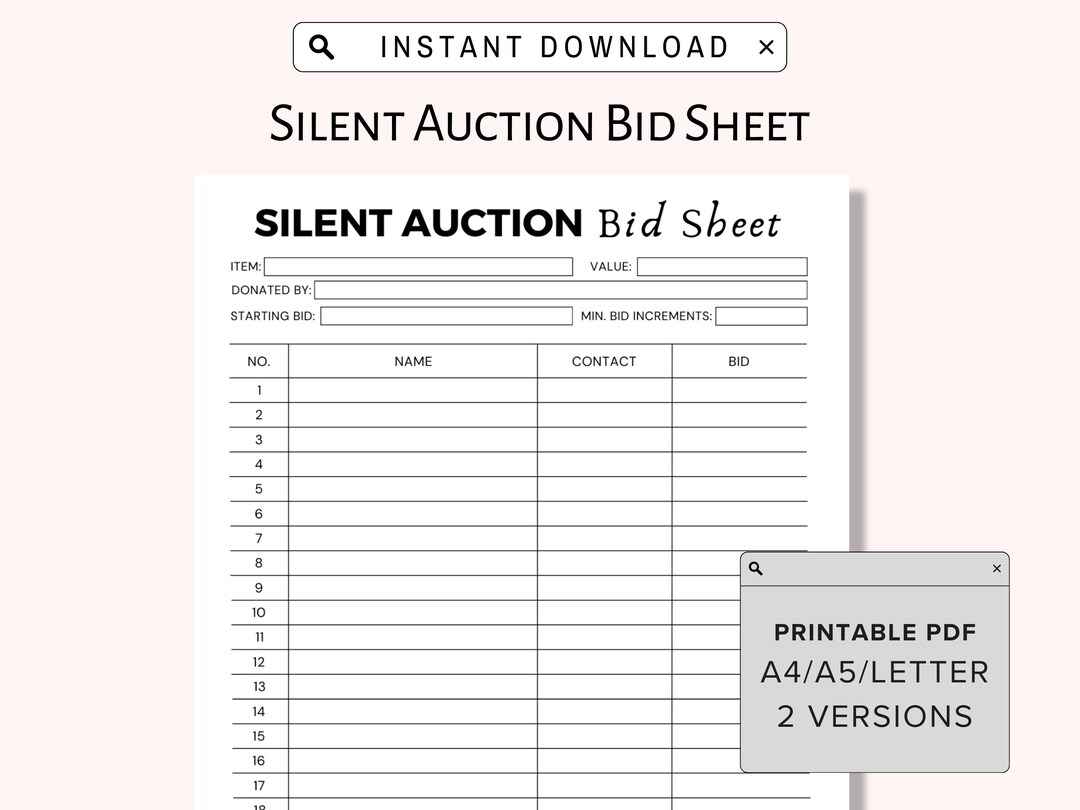 Silent Auction Bid Sheet Printable Silent Auction Template - Etsy
