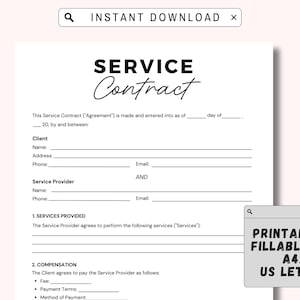 Fillable Service Contract Templates Printable Services Contract Agreement Service Contract Form Instant Download PDF Editable