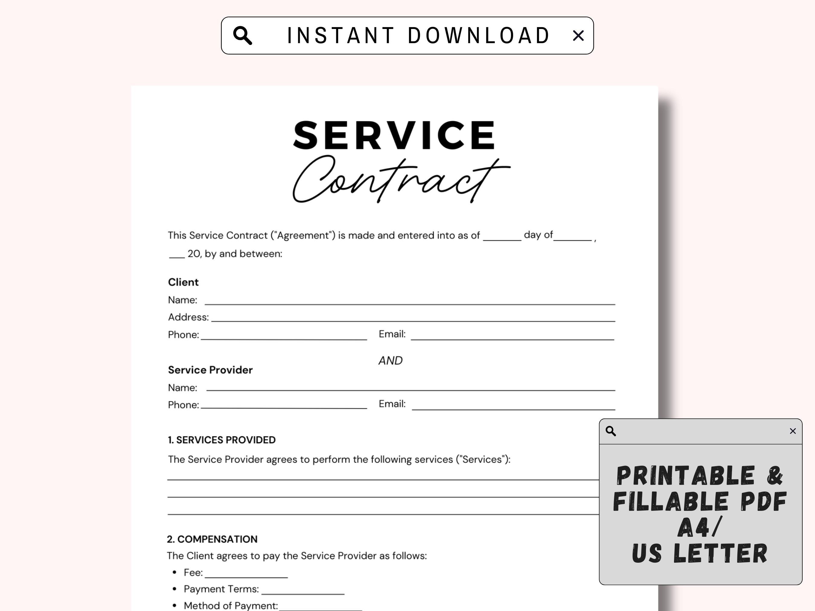 Fillable Service Contract Templates Printable Services Contract Agreement Service Contract Form Instant Download PDF Editable