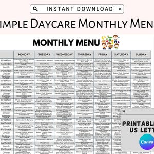 Editable Daycare Monthly Menu Template In Home Daycare Daily Schedule for Menu Planning Homeschool Childcare Preschool Meal Planner Morning
