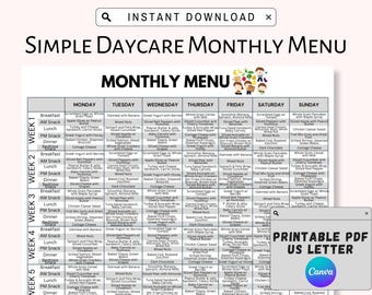 Modello di menu mensile modificabile per l'asilo nido Programma giornaliero per l'asilo nido a domicilio per la pianificazione del menu Asilo nido per l'istruzione parentale Pianificatore dei pasti per la scuola materna Mattina