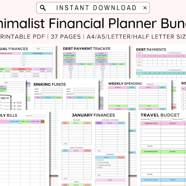 Finance Planner BUNDLE! Budget Planner Templates, Financial Savings Tracker Printable Binder, Monthly Debt, Bill, Spending, Expenses Tracker