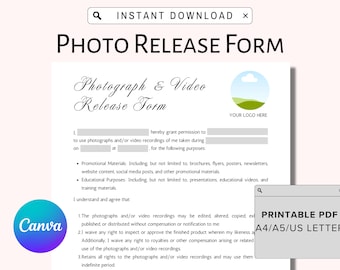 May include: A printable photo and video release form template with a green and blue logo. The form includes a section for the photographer or videographer to fill in their information and the subject's information. The form also includes a section for the subject to sign and date the form.