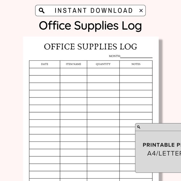 Office Supplies Log Checklist Printable, Business Office Supplies Checklist Template, Office Supply List, Home House, Instant Download, PDF