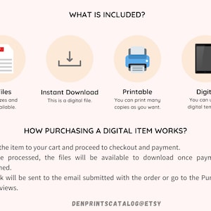 May include: A graphic with four icons representing the features of a digital download. The icons are a PDF document, a download arrow, a printer, and a smartphone. The text "WHAT IS INCLUDED?" is at the top of the graphic. The text "PDF Files" is below the PDF icon. The text "Instant Download" is below the download arrow icon. The text "Printable" is below the printer icon. The text "Digital" is below the smartphone icon. The text "HOW PURCHASING A DIGITAL ITEM WORKS?" is below the icons. The text "1. Add the item to your cart and proceed to checkout and payment." is below the text "HOW PURCHASING A DIGITAL ITEM WORKS?". The text "2. Once processed, the files will be available to download once payment is confirmed." is below the text "1. Add the item to your cart and proceed to checkout and payment.". The text "3. A link will be sent to the email submitted with the order or go to the Purchases and Reviews." is below the text "2. Once processed, the files will be available to download once payment is confirmed.". The text "DENPRINTSCATALOG@ETSY" is at the bottom of the graphic.