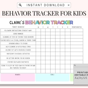 Behavior Reward Chart for Kids Printable, Editable, Good Behavior Tracking, Children Behavior Chart, Home, Classroom, Behavior Chart Kids