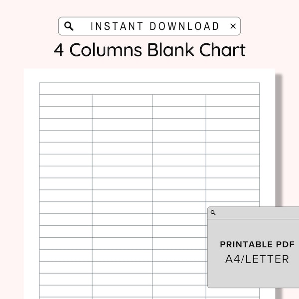 4 Blank Columns Chart Text Input Print and Write Printable Digital Download, Blank Column Template, Printable Columns, Columns w/ Title, PDF