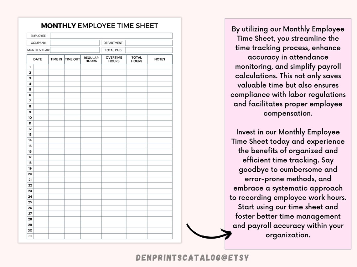 Monthly Employee Timesheet Printable Timesheet Form Employee - Etsy Canada